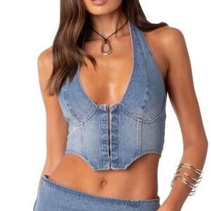 Edikted Y2K Denim Halter Corset Sz S Crop Top Blue Jean Bustier Lace Up Back